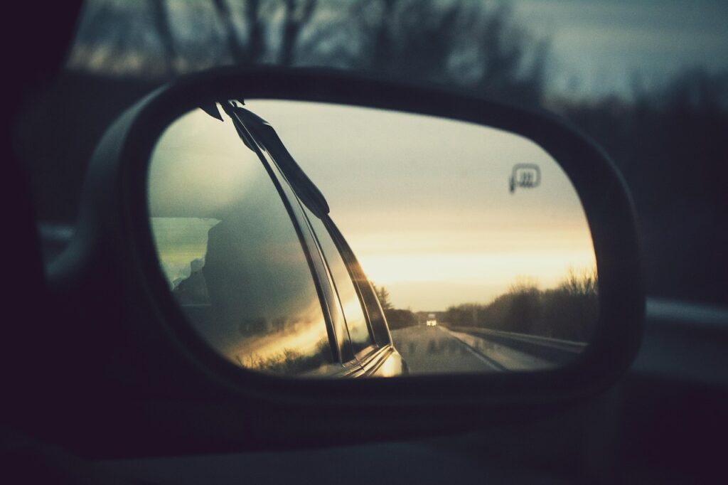 mirror, retrospective, auto, reflection, road, back, view, rear, behind, nature, vehicle, sunrise